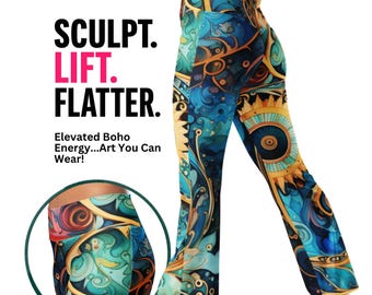 Boho Flare Leggings Art Nouveau Steampunk Pants Bell Bottom Festival Rave Outfit (XS-6XL)