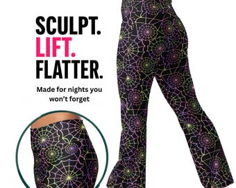 Spider Web Flare Leggings High Waisted Bell Bottom Shapewear Pants Festival Rave Neon Halloween Pants (XS-6XL)