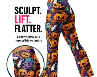 Pumpkin Punk Flare Leggings High Waisted Bell Bottom Pants Halloween Festival Rave Pants (XS-6XL)
