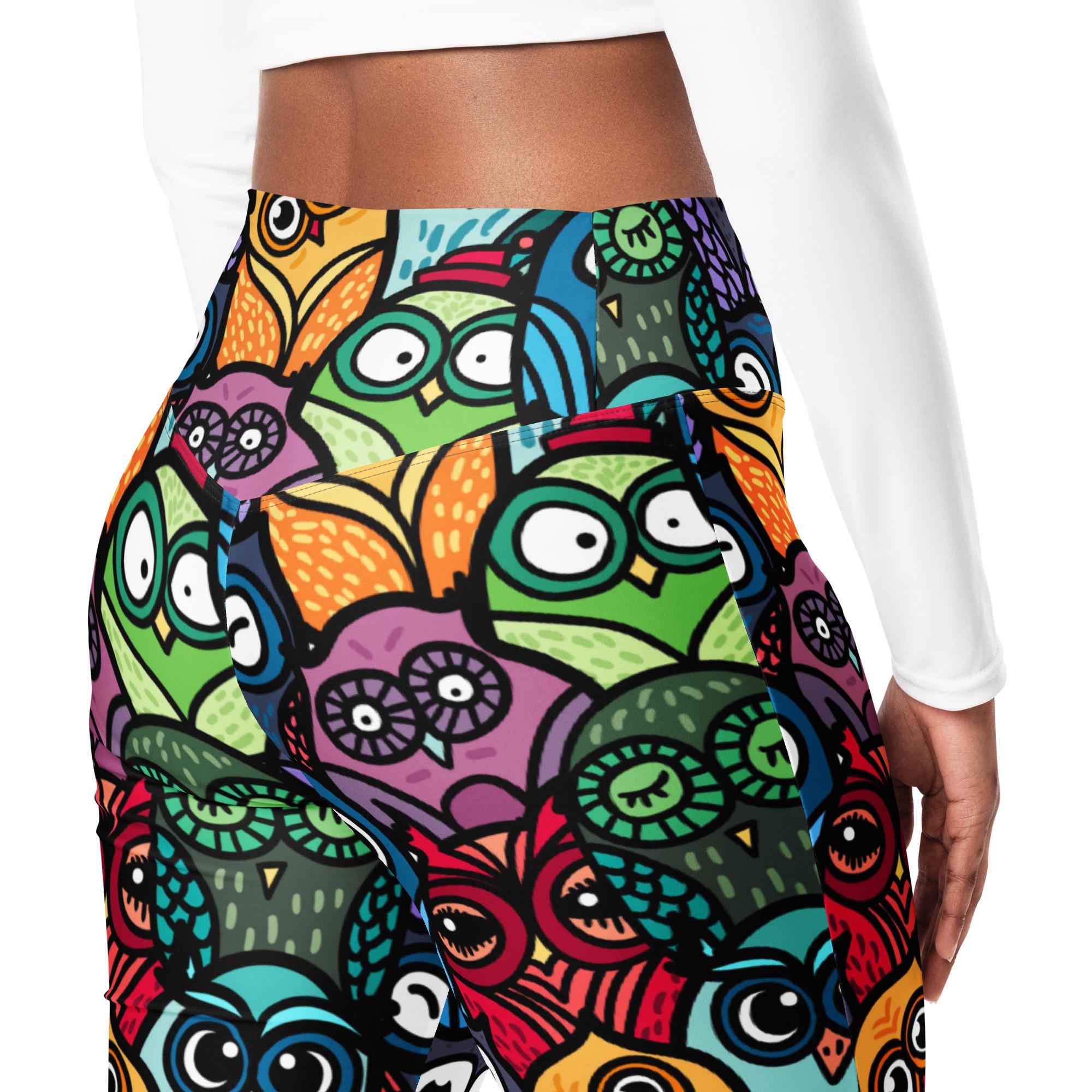 Owl Print Flared Leggings with Pocket, Recycled Fabric, High Waist, Butt-Lifting, Yoga Pants