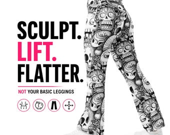 Punk Skull Flare Leggings – Gothic Grunge Bootcut Shapewear Pants Festival Outfit (XS-6XL)