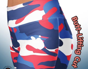 Red White Blue Camo Flare Leggings, High Waisted Yoga Pants, Camouflage 4th of July Festival Trousers with Pocket