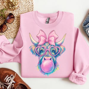 Highland Cow Bubblegum Sweatshirt: Pastel Rainbow Crewneck