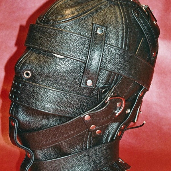 MATURE Leather Hood, Leather Sensory Deprivation Hood, Black, Cosplay