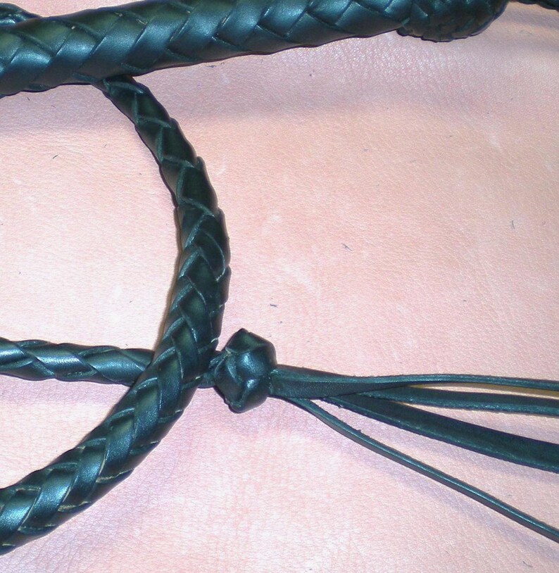 May include: A black leather braided whip with a knot at the end and three leather tassels.
