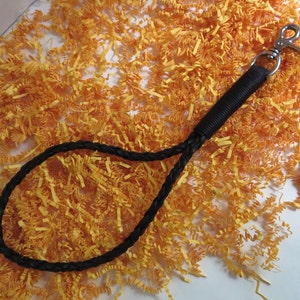 May include: A black leather braided leash with a silver swivel clasp. The leash is lying on a bed of yellow crinkle paper.