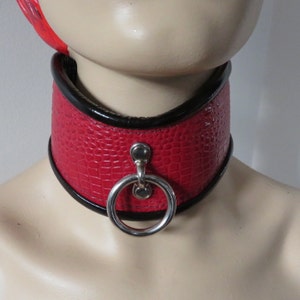 Patent Leather Posture Collar: D & O Ring, Red with Black Trim HANDCRAFTED
