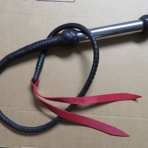 Leather Bull Whip, 58&quot; Chrome Handle Black & Red Whip, Unisex, Handcrafted USA  ***SPECIAL***