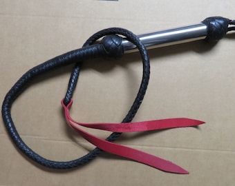 Leather Bull Whip: 58" Chrome Handle Whip, Black & Red, Handcrafted USA SPECIAL