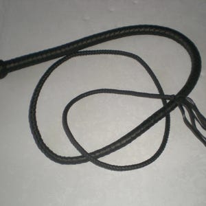 May include: A black leather bullwhip with a braided handle and a long, flowing tassel.