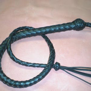 May include: A black leather braided whip with a knotted handle and a long, flowing tail.
