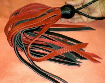 Leather Flogger, 16.5" Palm Flogger, BDSM Whip Red or Blue w/ Black Unisex, Hand Crafted USA