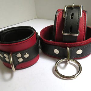 Leather Wrist Cuffs Locking Lined Red & Black Wrist Restraints, Collar and Cuffs Set Handcrafted USA