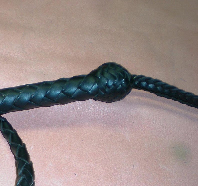 May include: A black leather braided whip with a knotted handle.