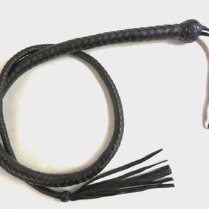 May include: A black leather bullwhip with a braided handle and a long tassel.