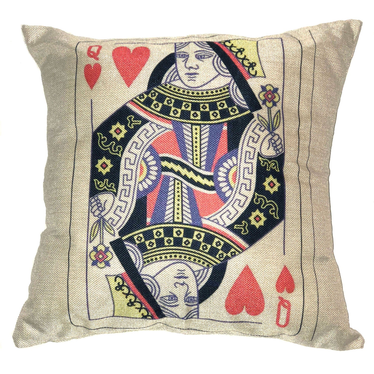 Queen of Hearts Pillow 17 x 17 Cotton Linen Playing Card Etsy