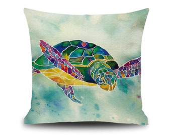 Rainbow Sea Turtle  Pillow 17 x 17 Sea Turtle Pillow Cotton Linen