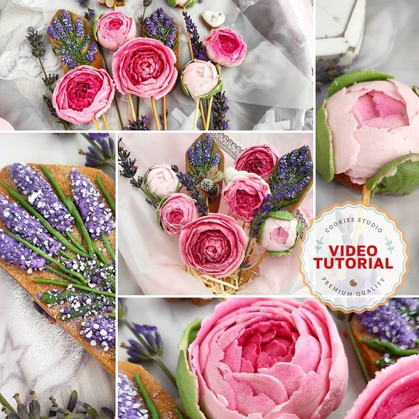 Peonies and Dried Flowers cookie decorating class. Step-by-step video tutorial