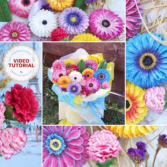 Gerberas and Carnations cookie decorating class. Step-by-step video tutorial