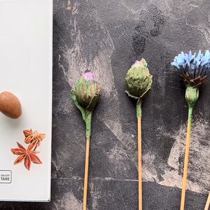 May include: A digital kitchen scale displays 8g, with a brown almond and star anise. To the right are three decorative flowers with blue and green hues, and one with pink and green hues. The background is dark grey.