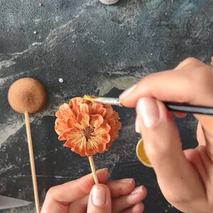 May include: A person's hand painting an orange flower-shaped confection on a stick with a paintbrush. Two other confections on sticks are visible, along with small jars of yellow and orange food colouring. The image is from Sunday Cookers.