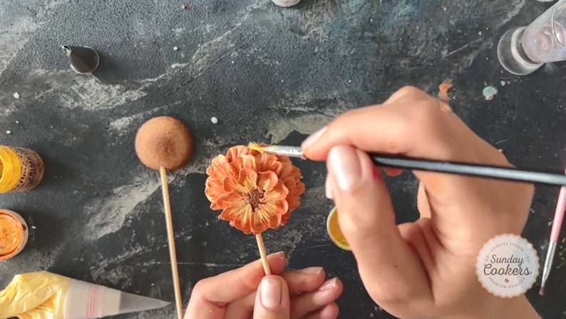 May include: A person's hand painting an orange flower-shaped confection on a stick with a paintbrush. Two other confections on sticks are visible, along with small jars of yellow and orange food colouring. The image is from Sunday Cookers.