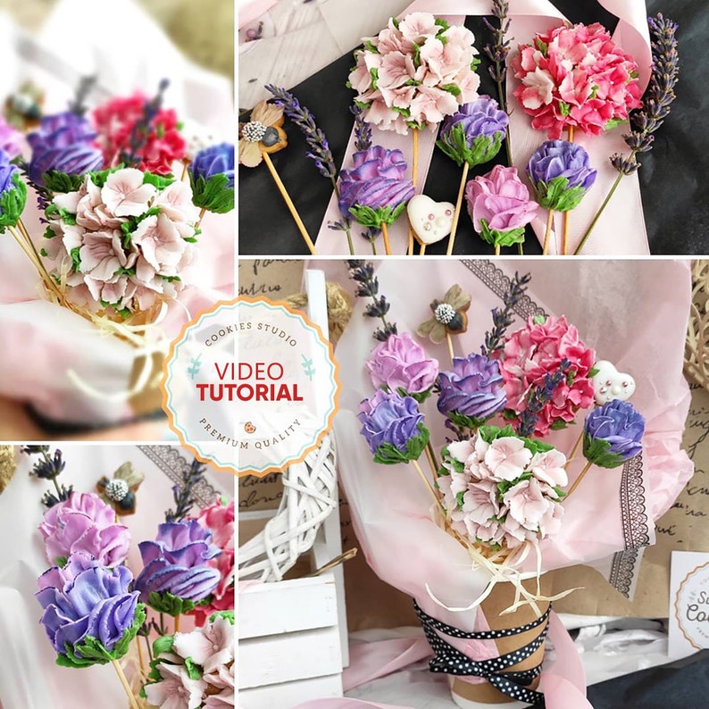May include: A bouquet of pink, purple, and white buttercream flowers on sticks, arranged in a brown paper cup with a black and white polka dot ribbon. The flowers are made to look like hydrangeas and roses. The bouquet is wrapped in pink tissue paper and has a small white tag with the text "Cookies Studio Video Tutorial Premium Quality".