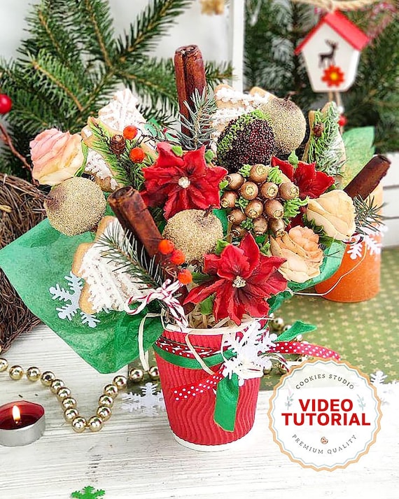 Christmas Flowers cookie decorating class. Bouquet #2. Step-by-step video tutorial
