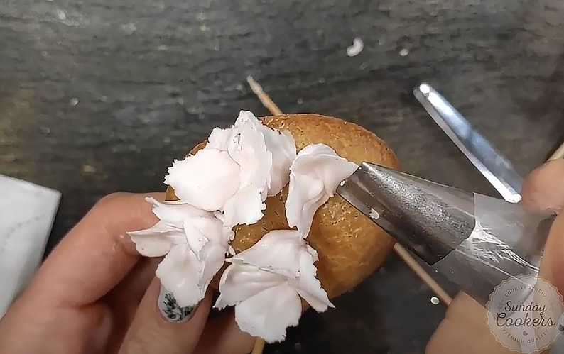May include: A close-up of a piping bag being used to decorate a round cake with pink frosting. The frosting is piped in a flower shape.