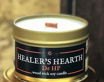 Healer's Hearth RPG Candle | Book-Fantasy-RPG-Geek | Gold Loot Tin, "Torch-Like" Wood Wick, Soy Wax | 4  8 oz sizes | Epic Adventure Candle