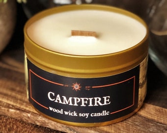 Lg 40hr CAMPFIRE WOOD SMOKE Triple Scented OUTDOORS PURE SOY CANDLE TIN Gifts 