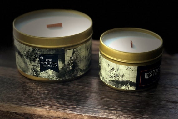 Castle Library Restricted Section Candle Wood Wick Soy Gold Tin Book Fantasy Fandom Wizard School Nerdy Dnd Rpg 4 Oz - 