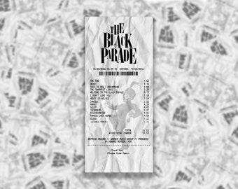 Könnte beinhalten: Eine schwarz-weiße Quittung für das Album The Black Parade, die die Trackliste und die Preise für jeden Song zeigt. Die Quittung ist datiert auf den 20.10.2006 und läuft am 20.10.2016 ab. Die Gesamtkosten betragen 51,53 €.