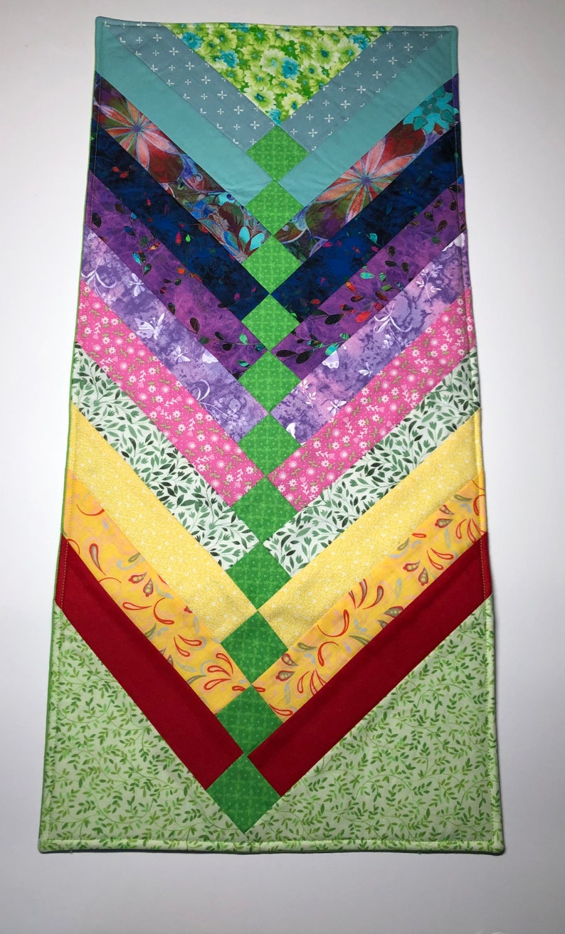 May include: A colourful patchwork quilt with a chevron pattern. The quilt is made of various fabrics with floral and geometric designs. The quilt is in shades of green, red, yellow, purple, and blue.