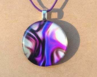 Purple Blue Magenta Black and White Art Resin Pendant with Silver Bail