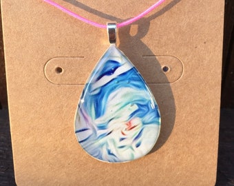 Blue White Green & Orange Teardrop Art Resin Pendant with Silver Bail