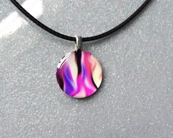 Small Magenta Purple Pale Yellow and Black Art Resin Pendant with Silver Bail