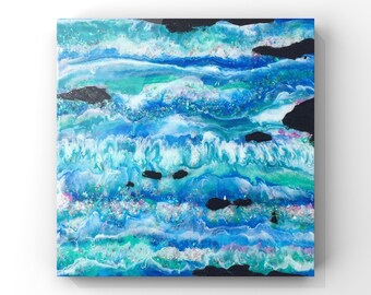 12 x 12 Opalescent River Painting, Resin Art on Gesso Panel