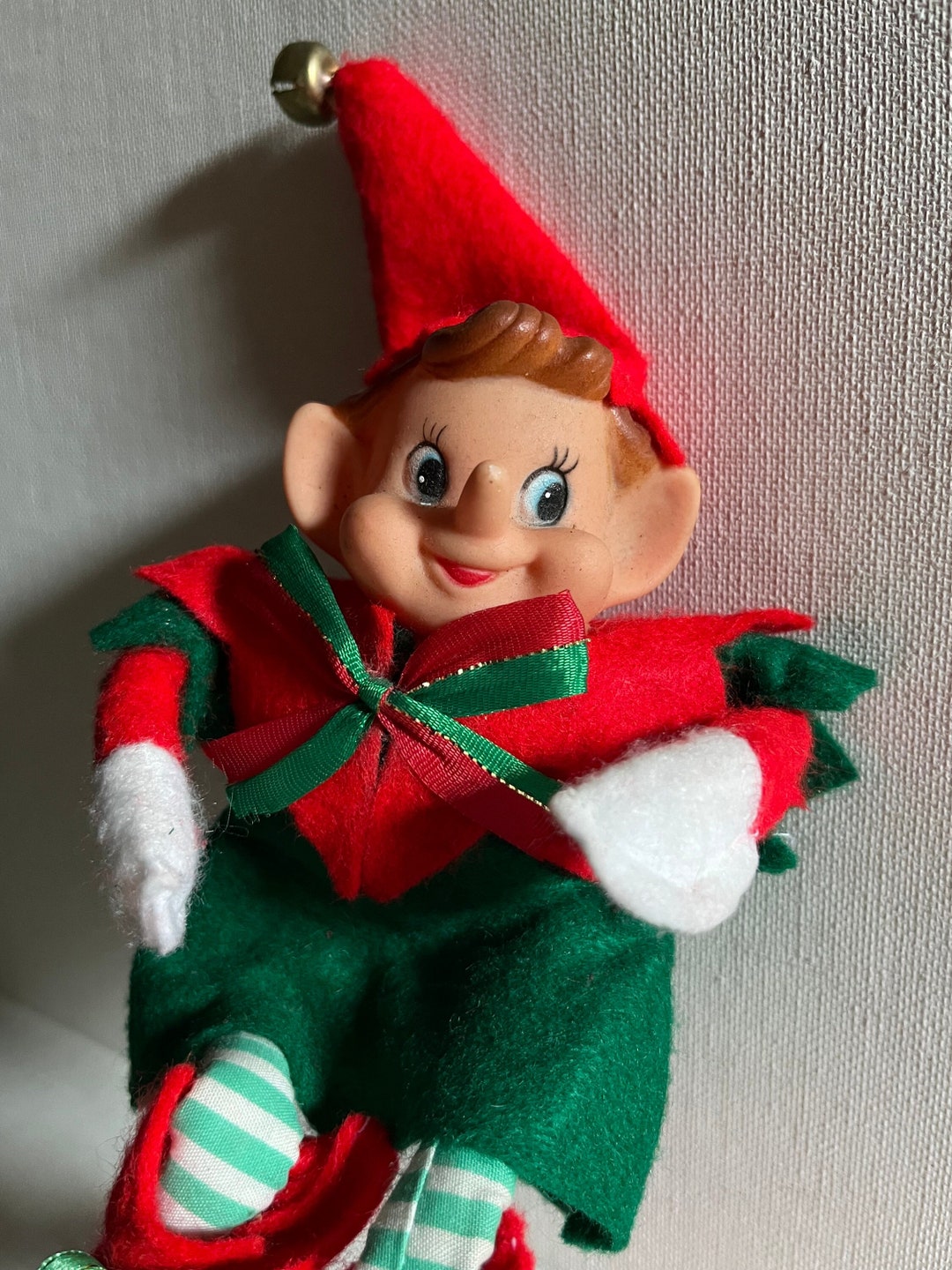 Vintage Christmas Tree Elf Pixie Ornament Bell Bows Elves Shelf 8 Large