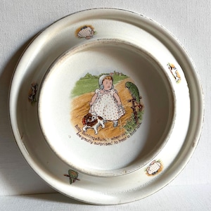 May include: Vintage white ceramic plate featuring a child, dog, and parrot illustration. The plate has a wide rim with small decorative images. Text around the illustration reads "Baby Bunting & Bung... Are greatly surprised to hear a bird talk."