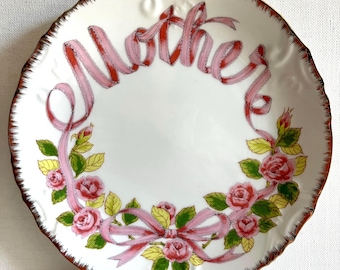 Vintage Enesco Japan Mutter Teller Muttertag Geschenk Pink Rose Ribbon EUC für Mama