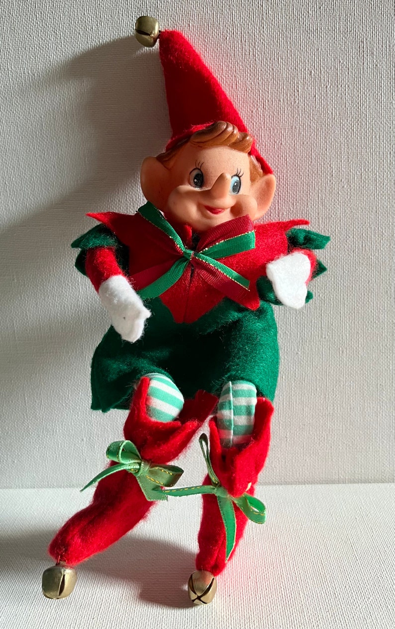 Vintage Christmas Tree Elf Pixie Ornament Bell Bows Elves Shelf 8 Large