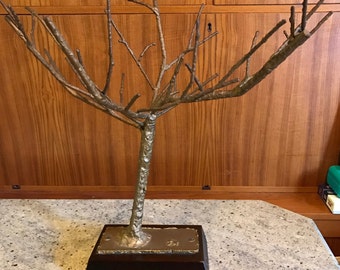 Vintage Metal Tree Sculpture Display Prop Brass Wood Base