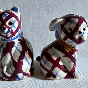 Vintage Brayton Laguna Pottery Cat and Dog Salt Pepper Shakers Gingham Stripe Plaid 2pc