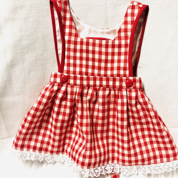 Little Girls’ red gingham pinafore/apron, custom sizes available