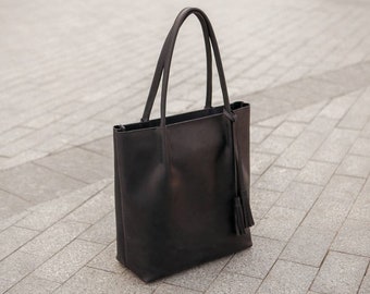 Black tote bag by OKRA, tote bag women, laptop bag women, bag with divider for laptop, black laptop bag, camera bag women, leather handbag