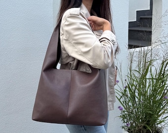 Bolso tote de piel marrón / Bolso bohemio grande / Bolso de hombro minimalista