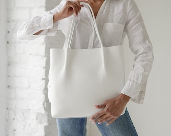 White leather tote bag for women, wedding handmade leather handbag, blue leather shoulder bag tote, bridesmaid tote, women leather tote