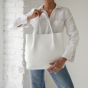 White leather tote bag for women, wedding handmade leather handbag, blue leather shoulder bag tote, bridesmaid tote, women leather tote image 1