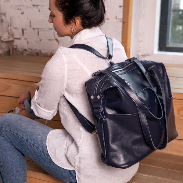 Navy Blue Convertible Leather Tote Backpack | Handmade Genuine Leather Bag by OkraBags